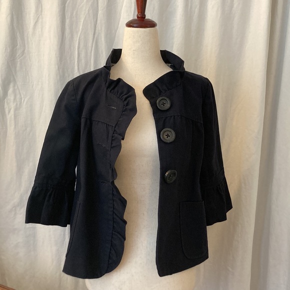Y2K J Crew Navy collarless cropped blazer, ruffle detail, 3/4 sleeve, size 2 - Picture 3 of 14